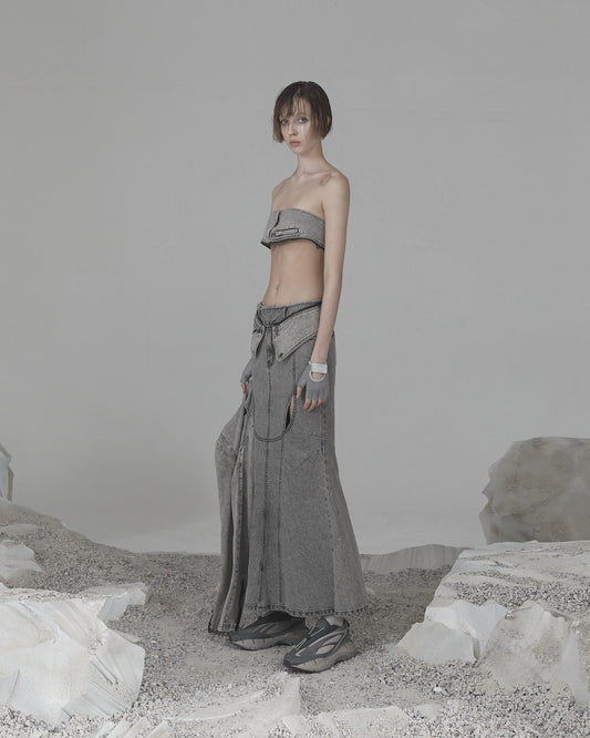 MERMAID SLIT DENIM SKIRT GREY