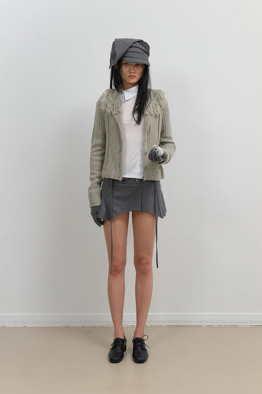 TASSEL COLLAR KNIT CARDIGAN - GREY