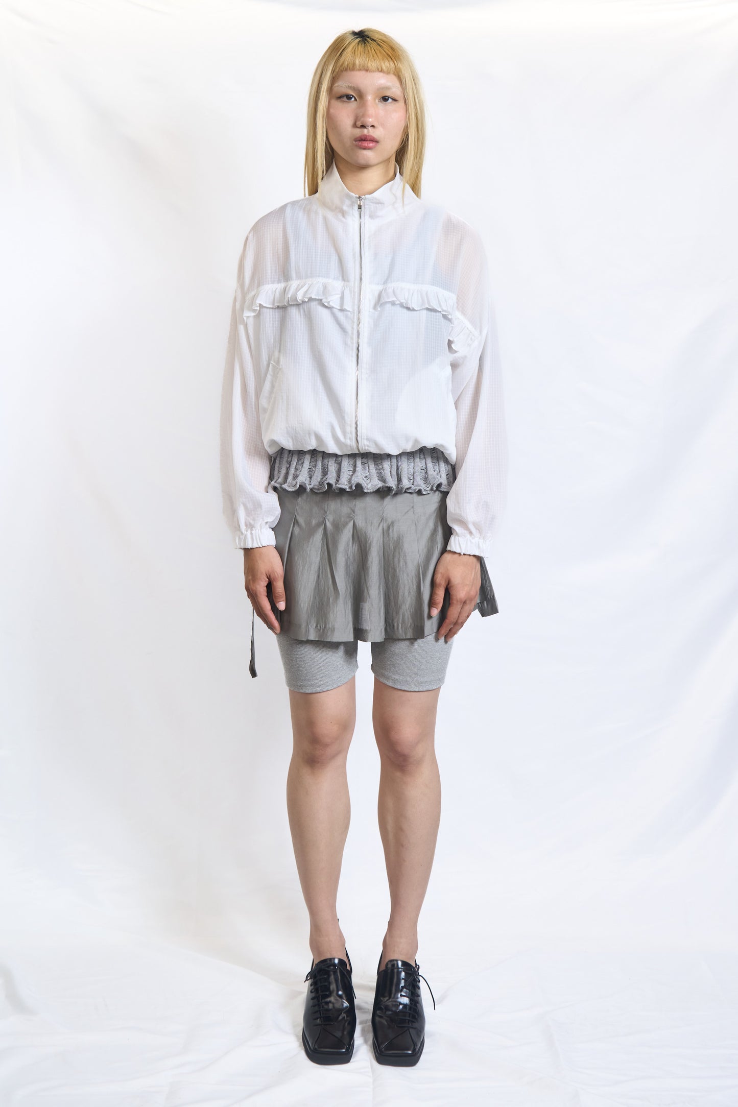 SHEER RUFFLE ZIP BLOUSON