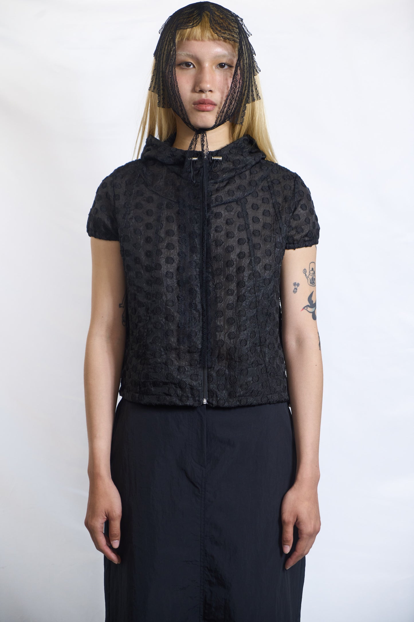 RAISED DOT HOODED ZIP-UP