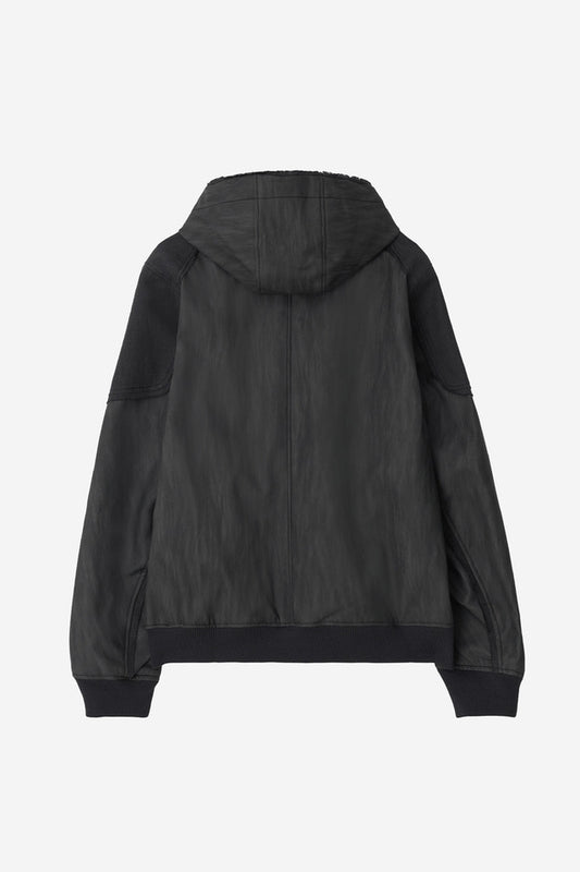 DESTROYED LEATHER AND LINEN HOODIE ZIP-UP JACKET