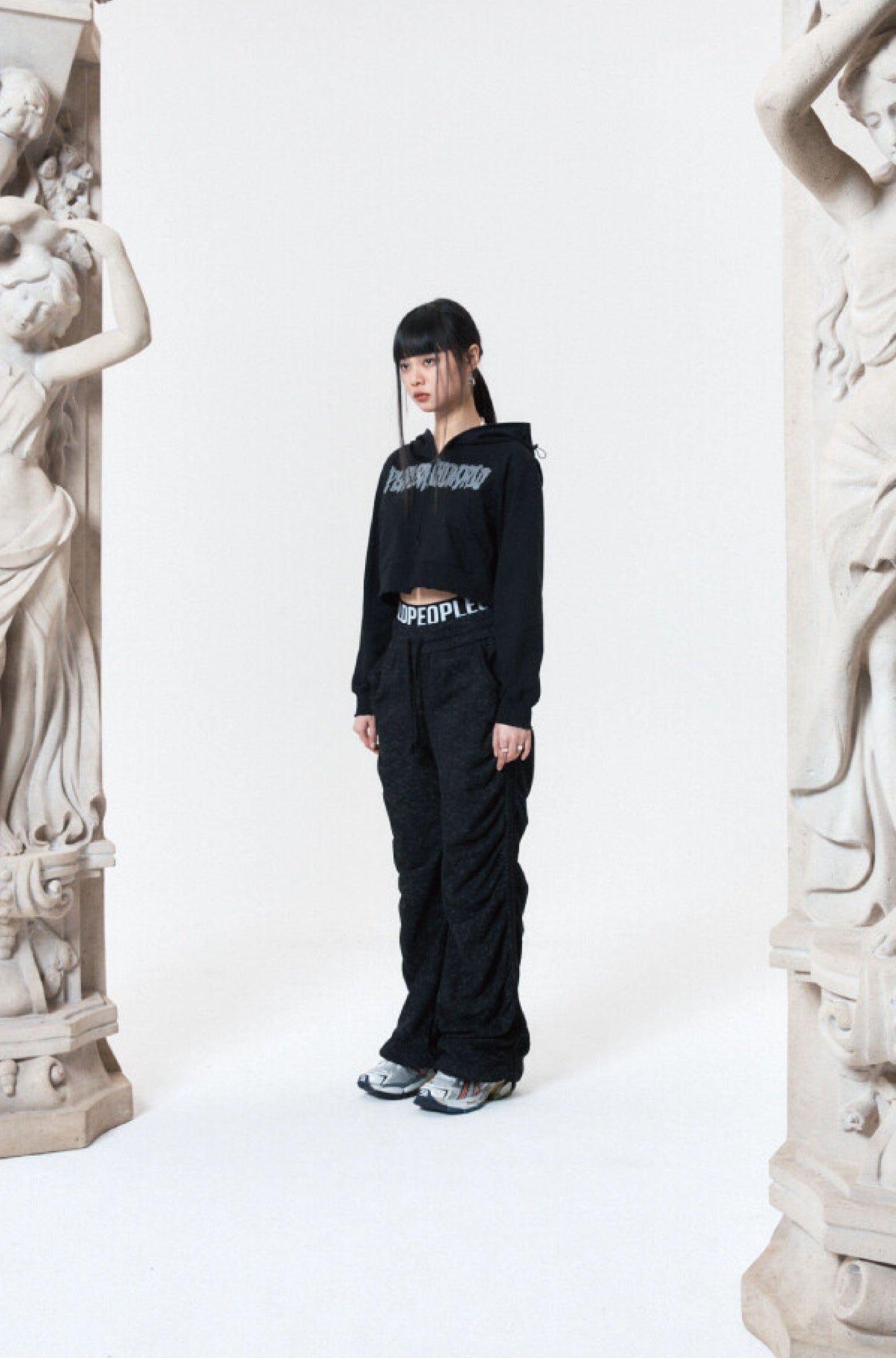 SHIRRING WIDE BANDED PANTS BLACK
