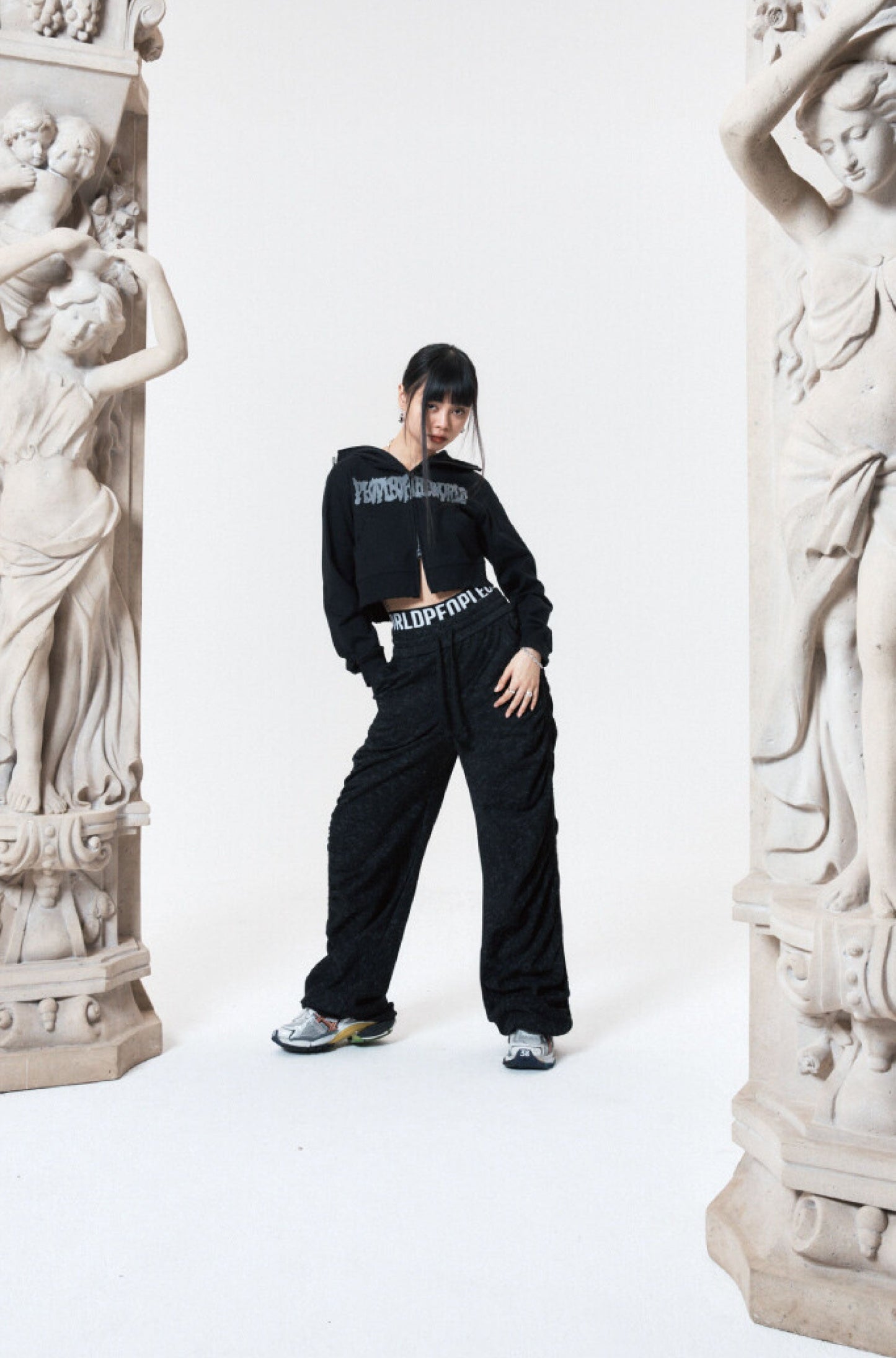 SHIRRING WIDE BANDED PANTS BLACK