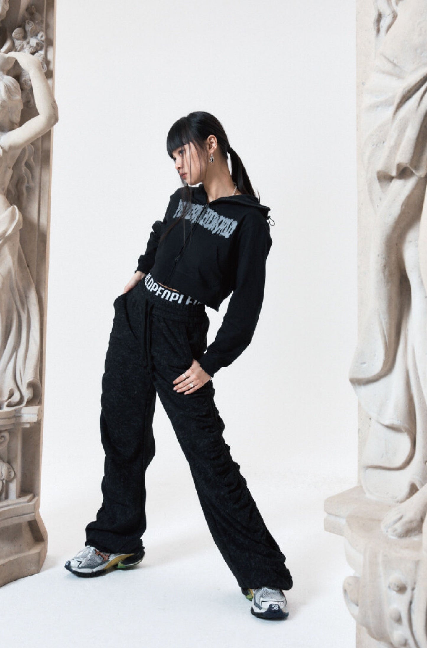SHIRRING WIDE BANDED PANTS BLACK