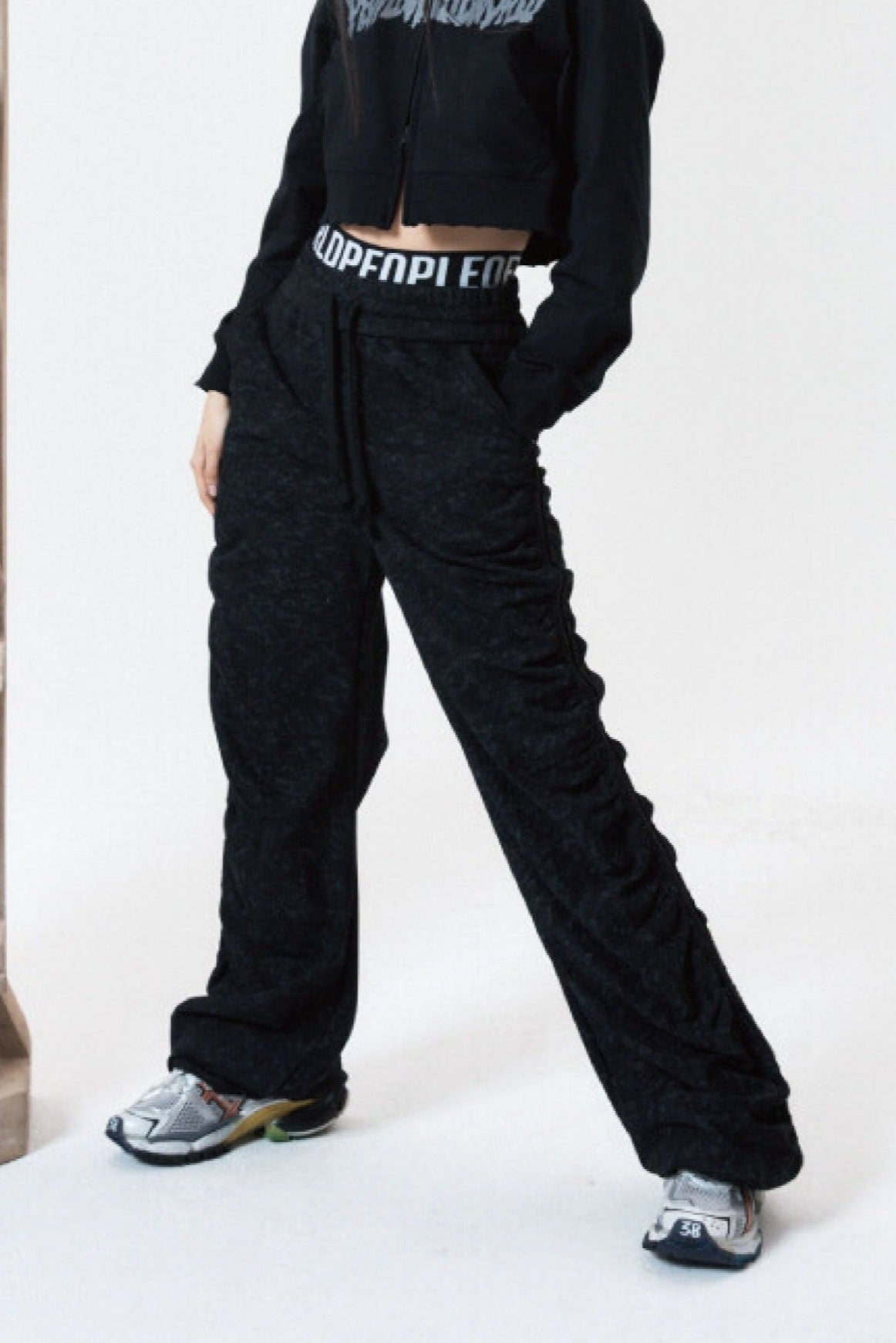 SHIRRING WIDE BANDED PANTS BLACK