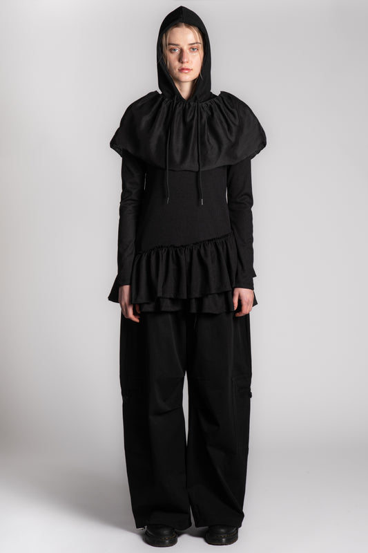 BLACK WAFFLE SKIRT HOODIE