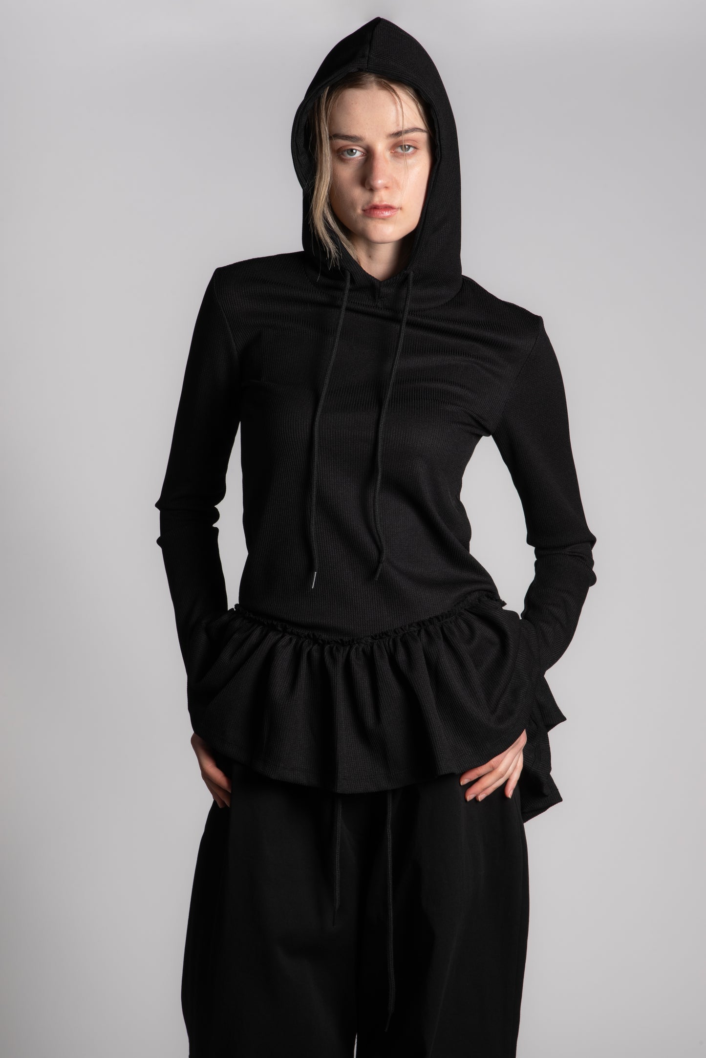 BLACK WAFFLE SKIRT HOODIE