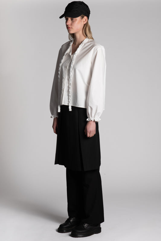 WHITE RUFFLE TIE COTTON SHIRT