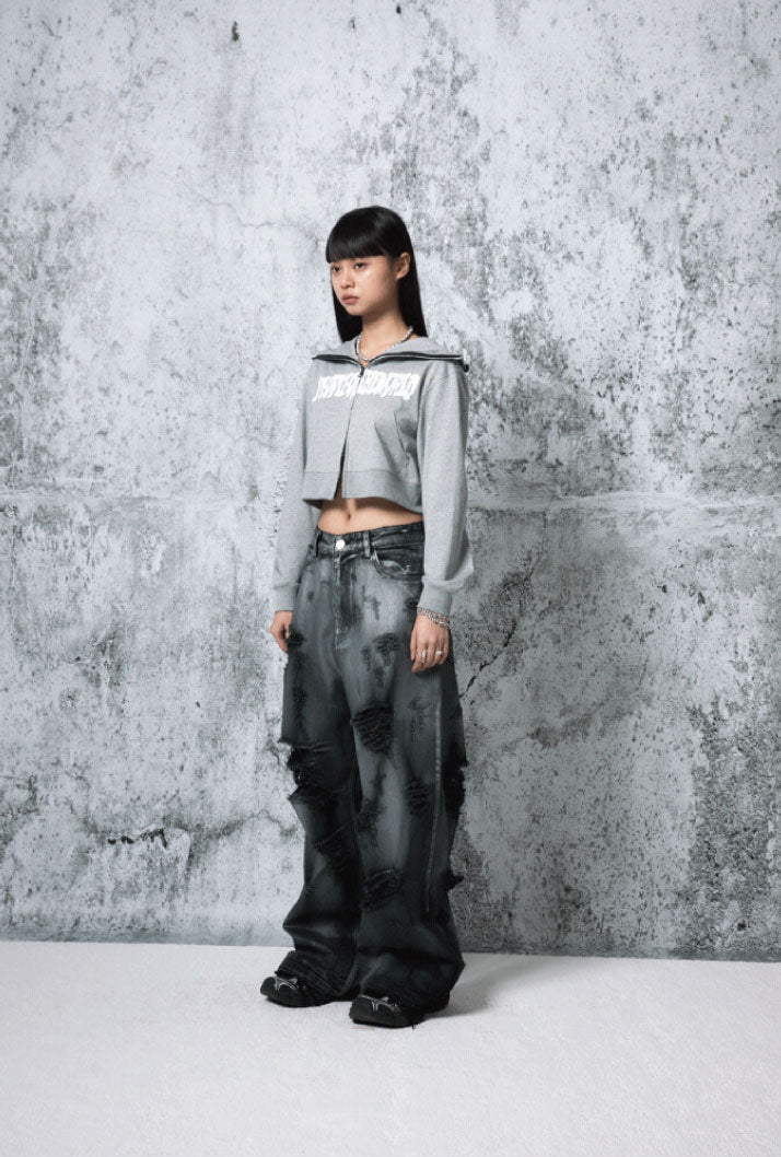 CROPPED LOGO HOODIE ZIP-UP GREY
