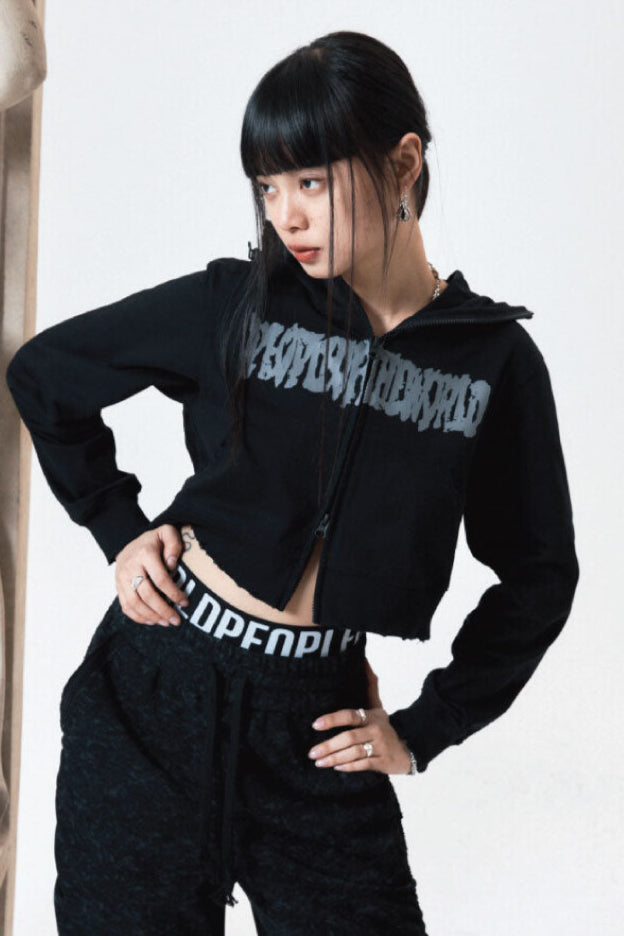 CROPPED LOGO HOODIE ZIP-UP BLACK