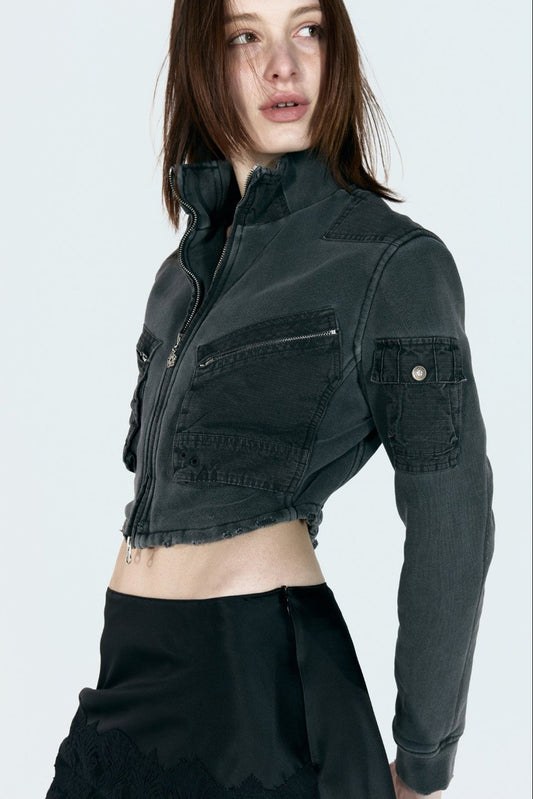 COTTON ZIP-UP CARGO JACKET CHARCOAL
