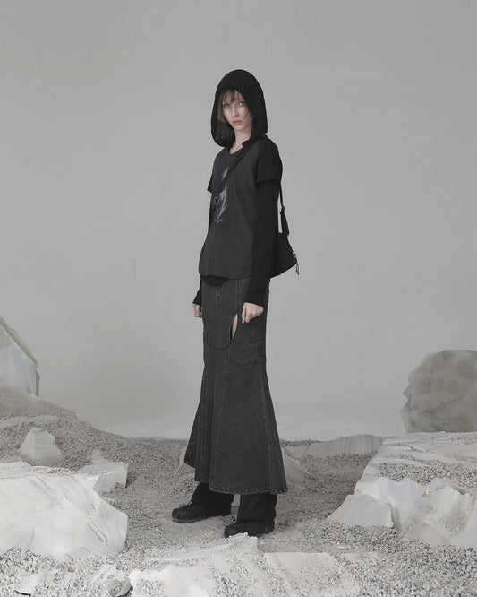 MERMAID SLIT DENIM SKIRT CHARCOAL