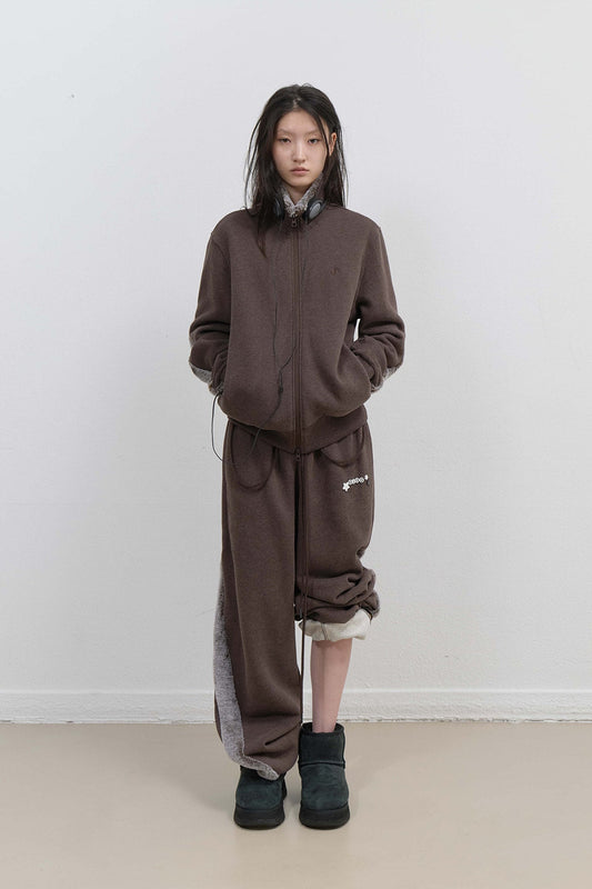 FUR TRIM JERSEY ZIP-UP - STONE BROWN