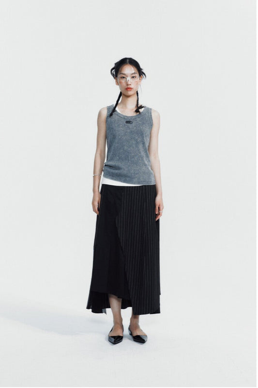 ASYMMETRIC STRIPE PLEATED MIDI SKIRT