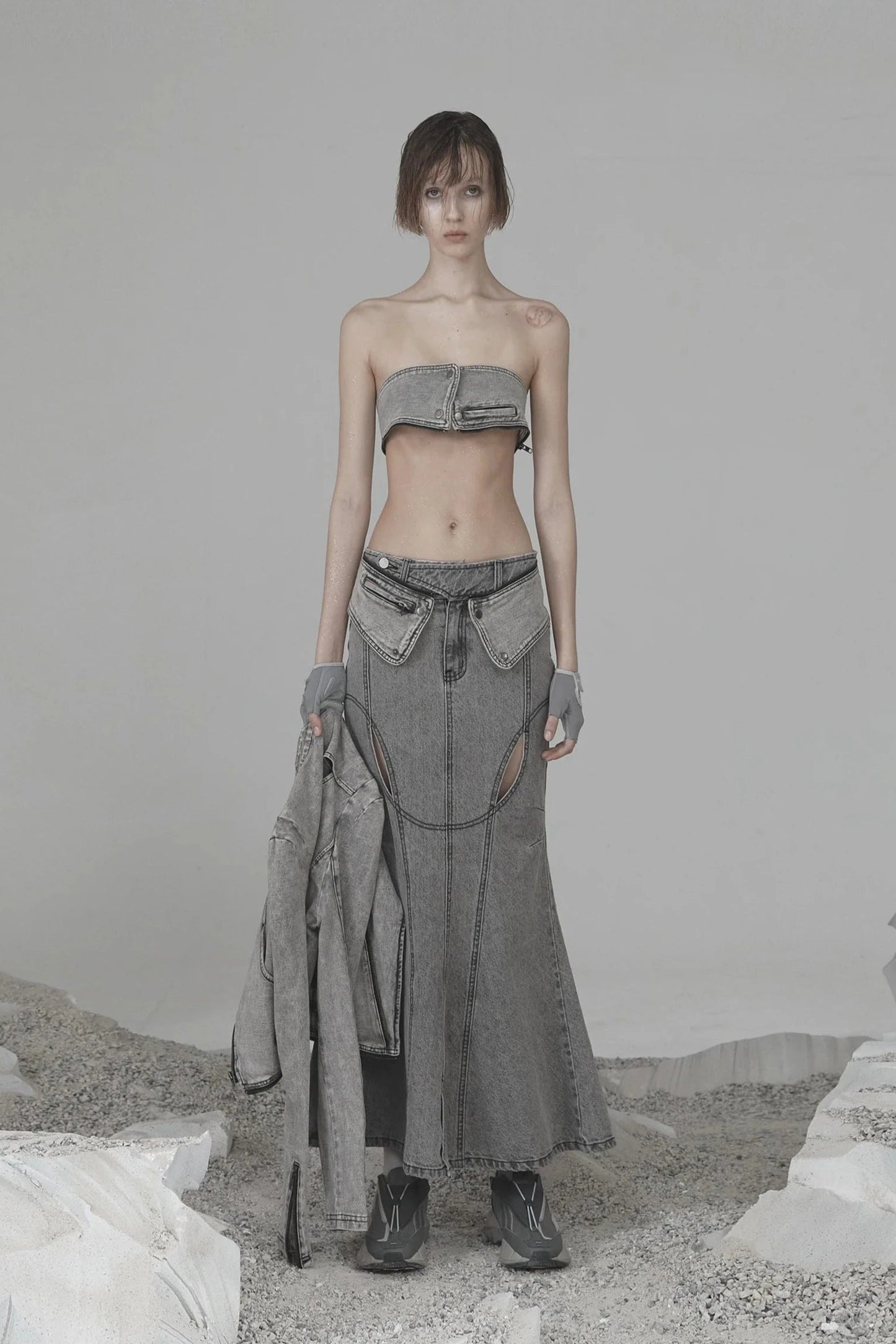 MERMAID SLIT DENIM SKIRT GREY