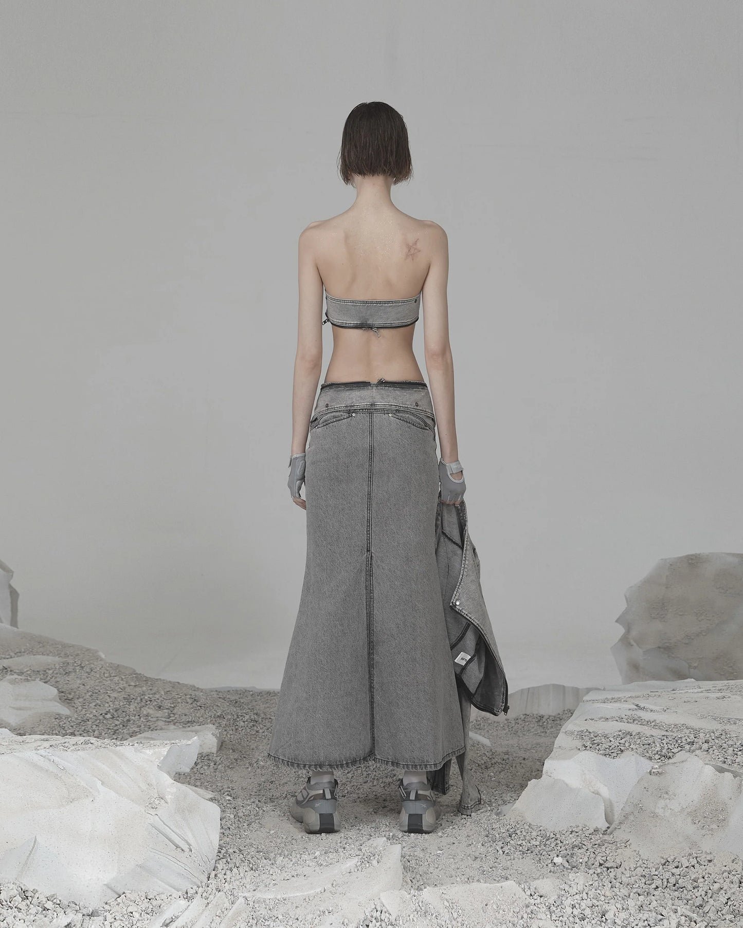 MERMAID SLIT DENIM SKIRT GREY