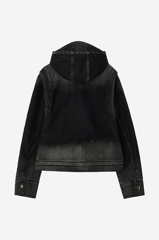 BLEACHED DENIM HOODIE ZIP-UP JACKET