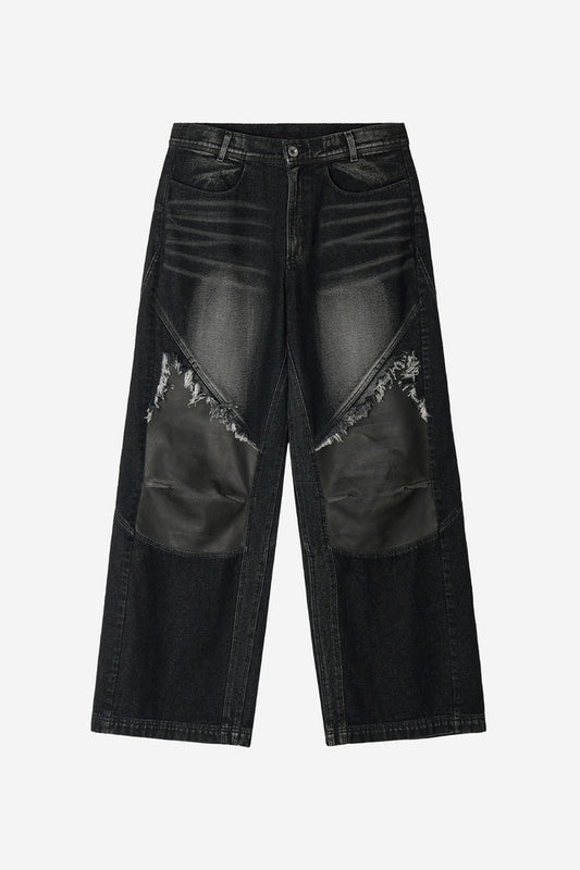 WIDE HEAVY WASHING WITH LEATHER PANTS
