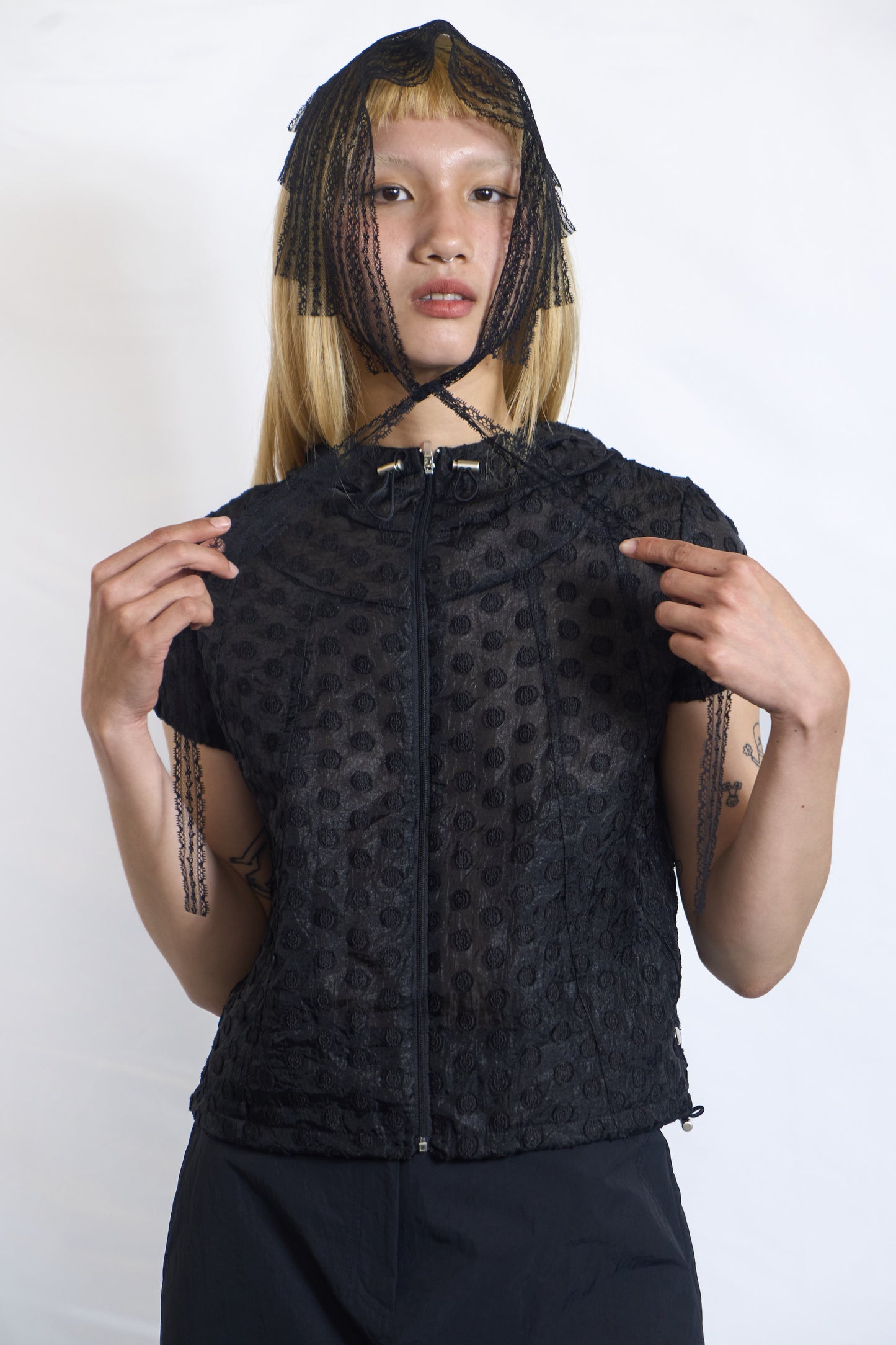 RAISED DOT HOODED ZIP-UP
