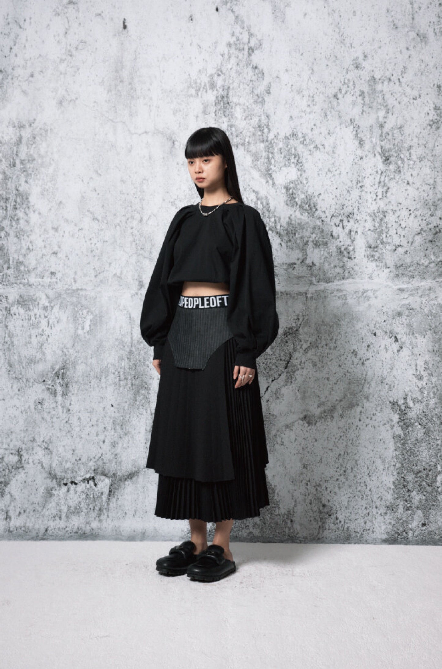 DENIM COMBINATION PLEATED SKIRT