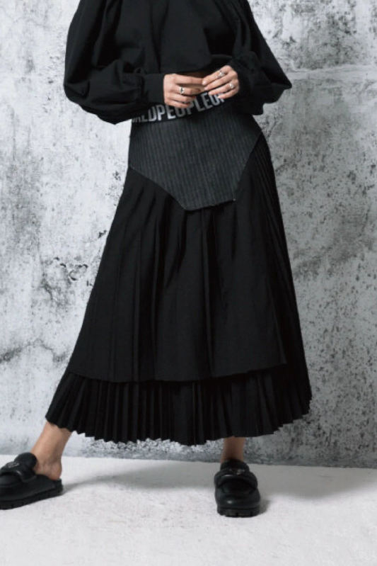 DENIM COMBINATION PLEATED SKIRT