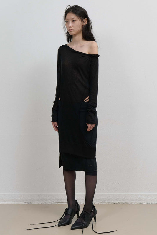 BUTTON SLIT MIDI SKIRT - BLACK