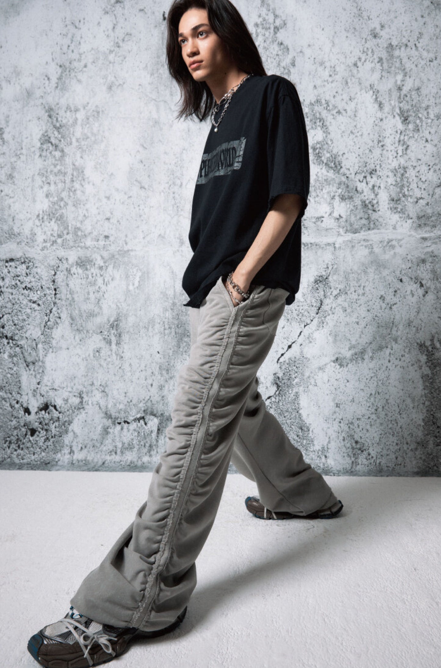 SHIRRING WIDE BANDED PANTS GRAY