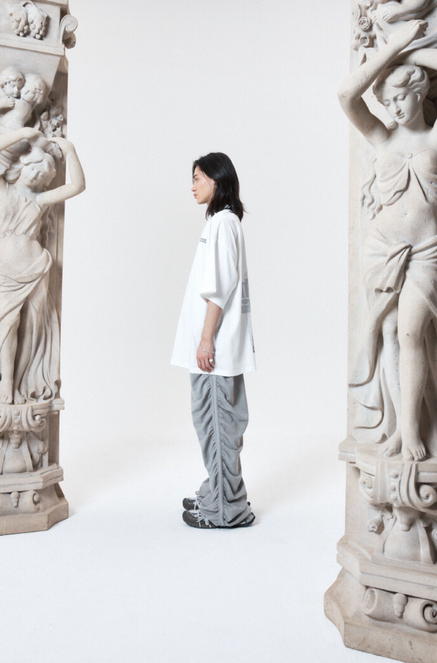 SHIRRING WIDE BANDED PANTS GRAY