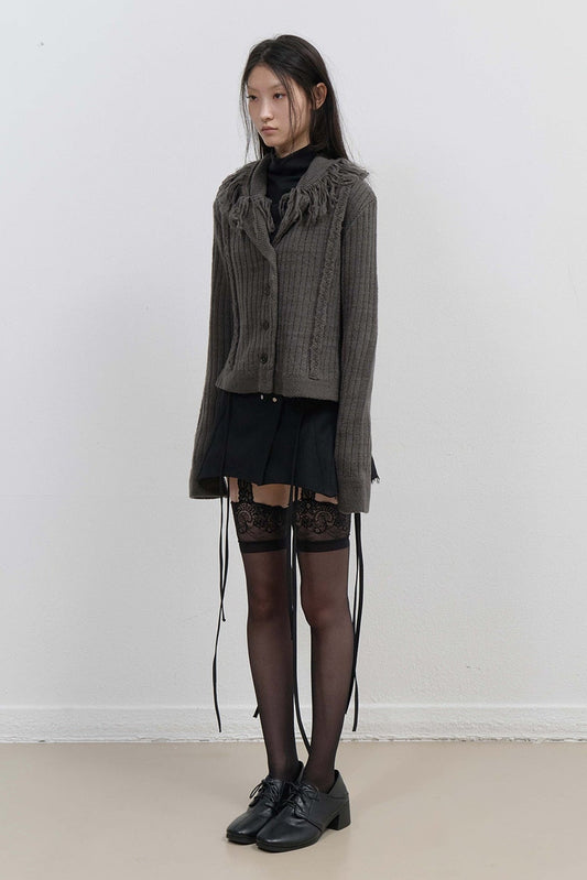 TASSEL COLLAR KNIT CARDIGAN - CHARCOAL