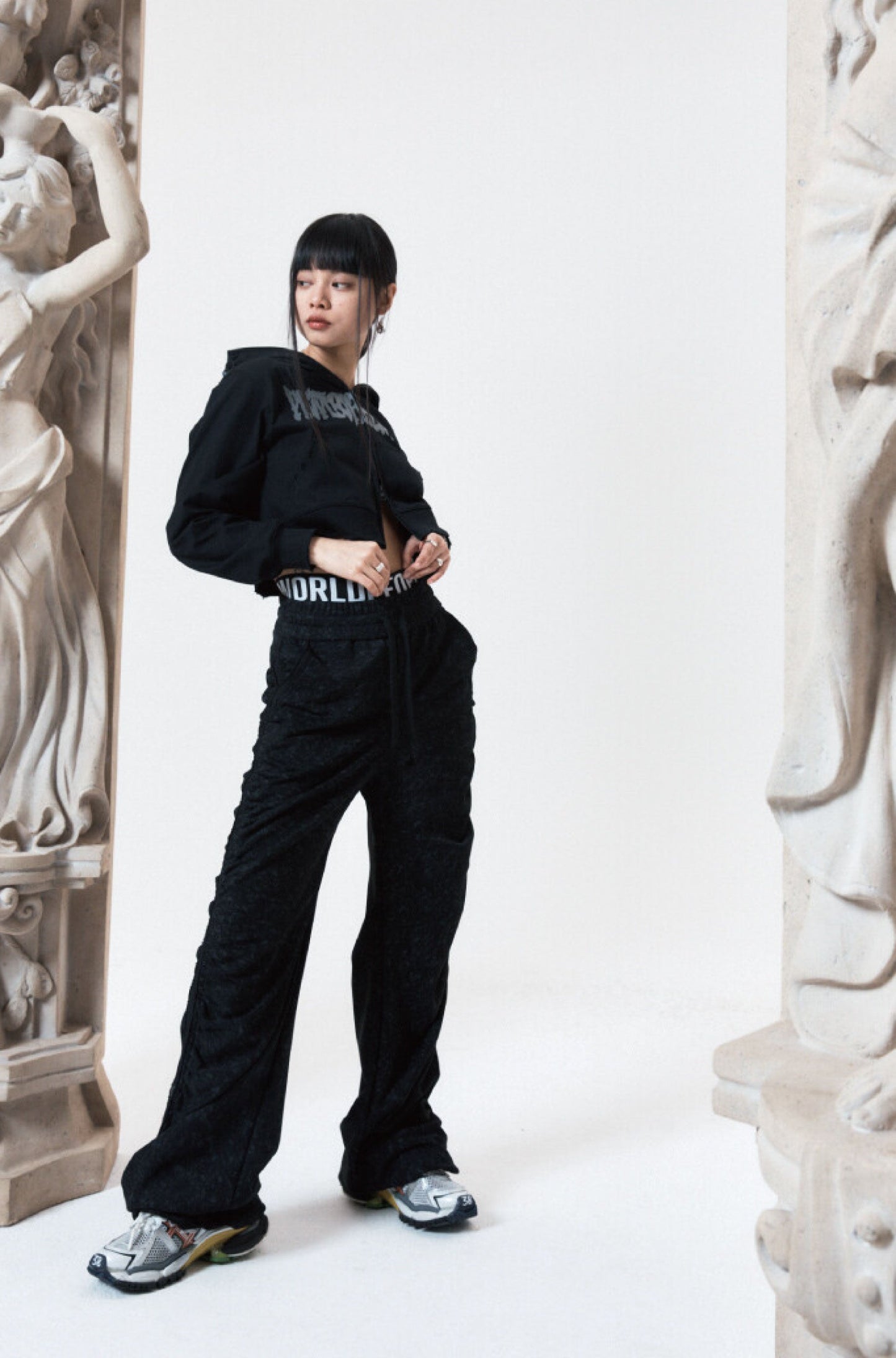 SHIRRING WIDE BANDED PANTS BLACK