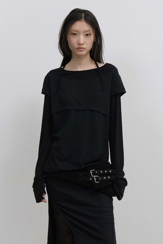 HALTER STRAP LONG SLEEVE - BLACK