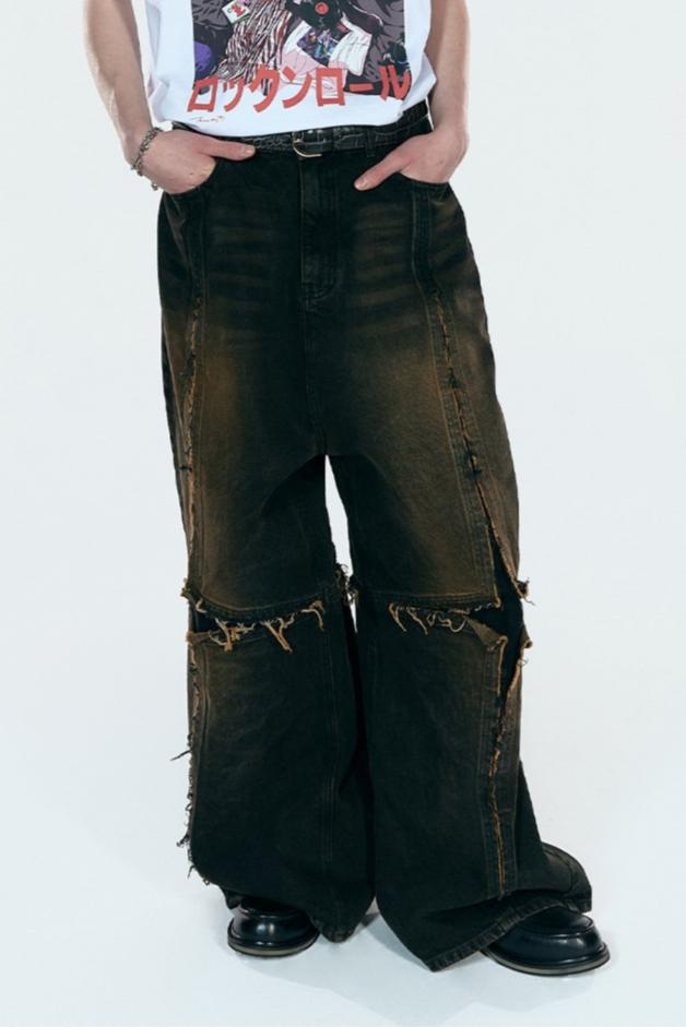 CROSS RAW EDGE DENIM PANTS BLACK