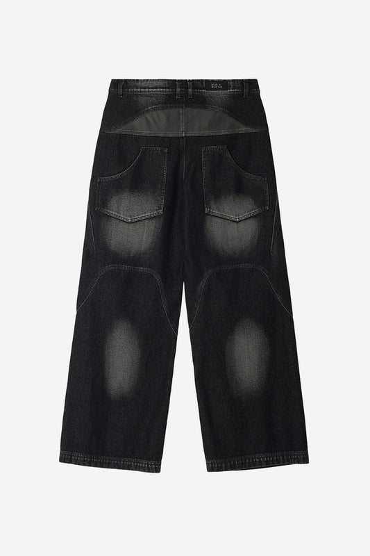 WIDE HEAVY WASHING WITH LEATHER PANTS