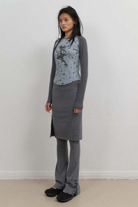 BUTTON SLIT MIDI SKIRT - GREY