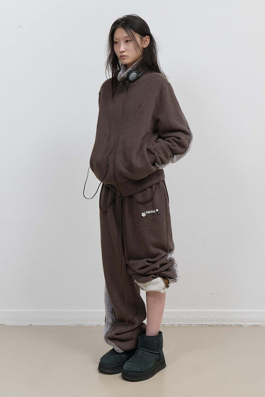 FUR TRIM JERSEY ZIP-UP - STONE BROWN