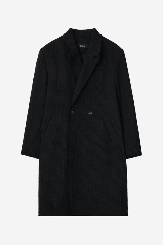 EMBOSSED RAW-EDGE LONG DOUBLE COAT