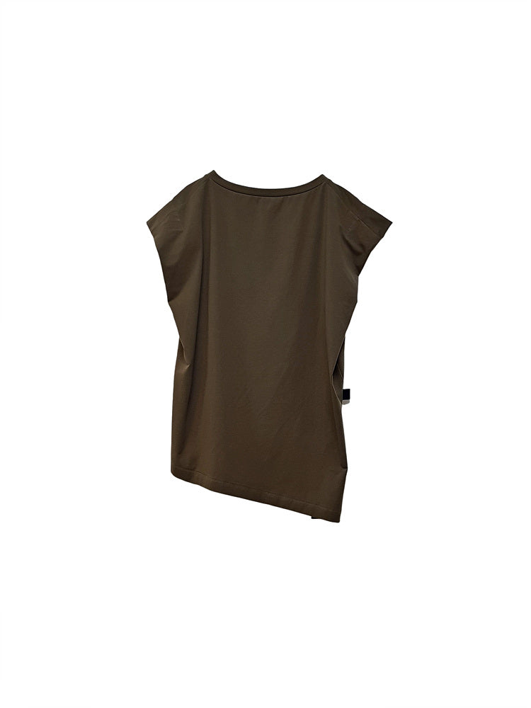 RECYCLED FABRIC A BOAT V-NECK SLEEVELESS TOP KHAKI