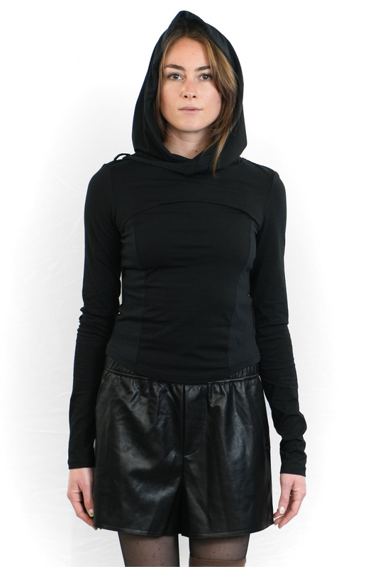 BLACK HOODED BASE LAYER WITH TIE DETAIL