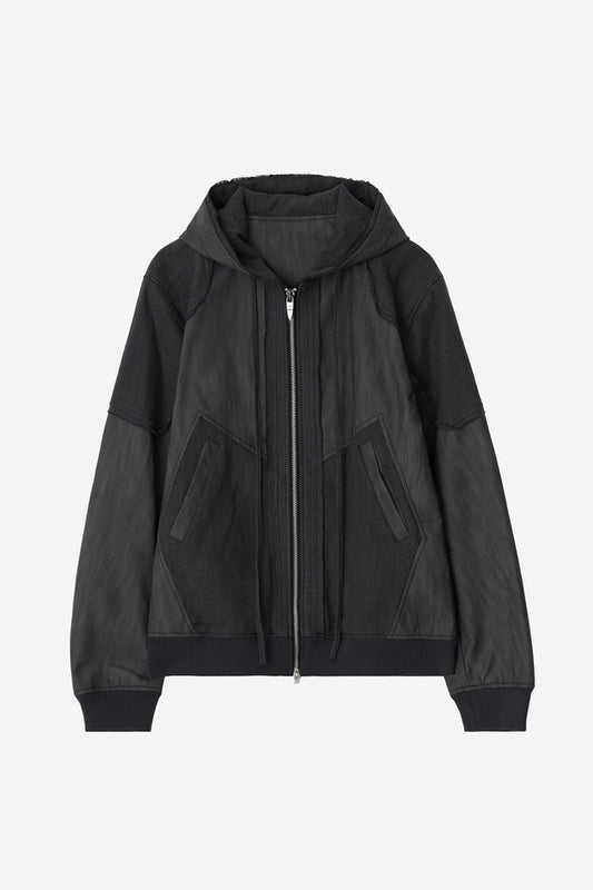 DESTROYED LEATHER AND LINEN HOODIE ZIP-UP JACKET