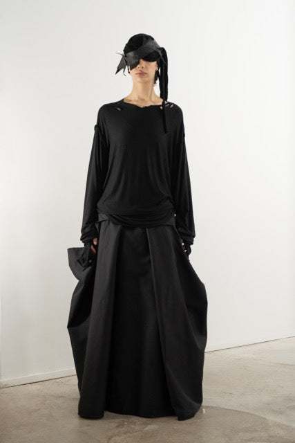 DESTROYED PLEATED LONG SLEEVE TOP BLACK