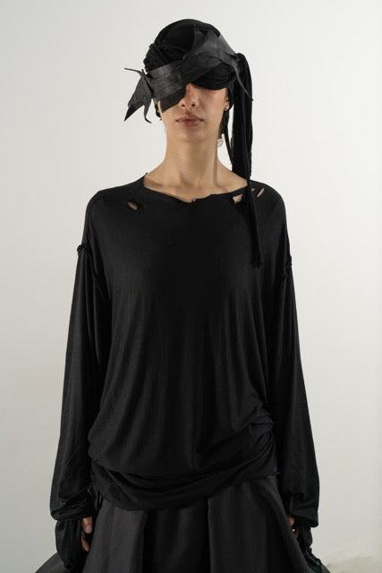 DESTROYED PLEATED LONG SLEEVE TOP BLACK