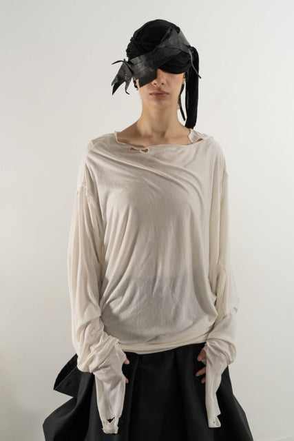DESTROYED PLEATED LONG SLEEVE TOP WHITE