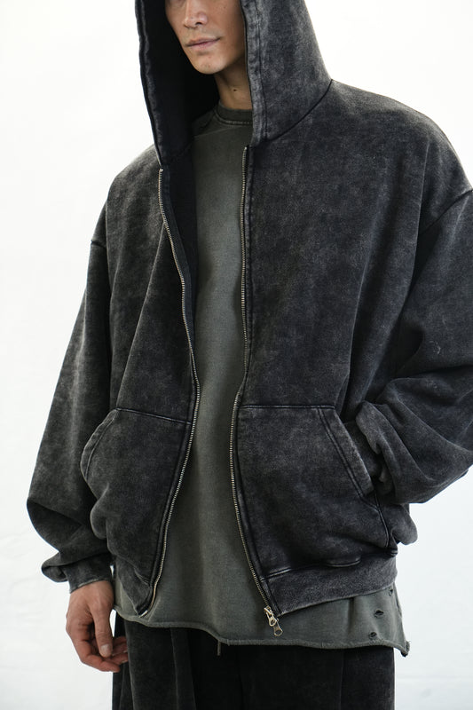 WASHED ZIP-UP HOODED SWEATSHIRT