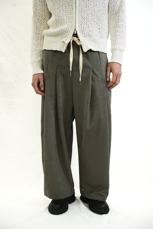 SUEDE OLIVE GREY PLEATED TROUSERS