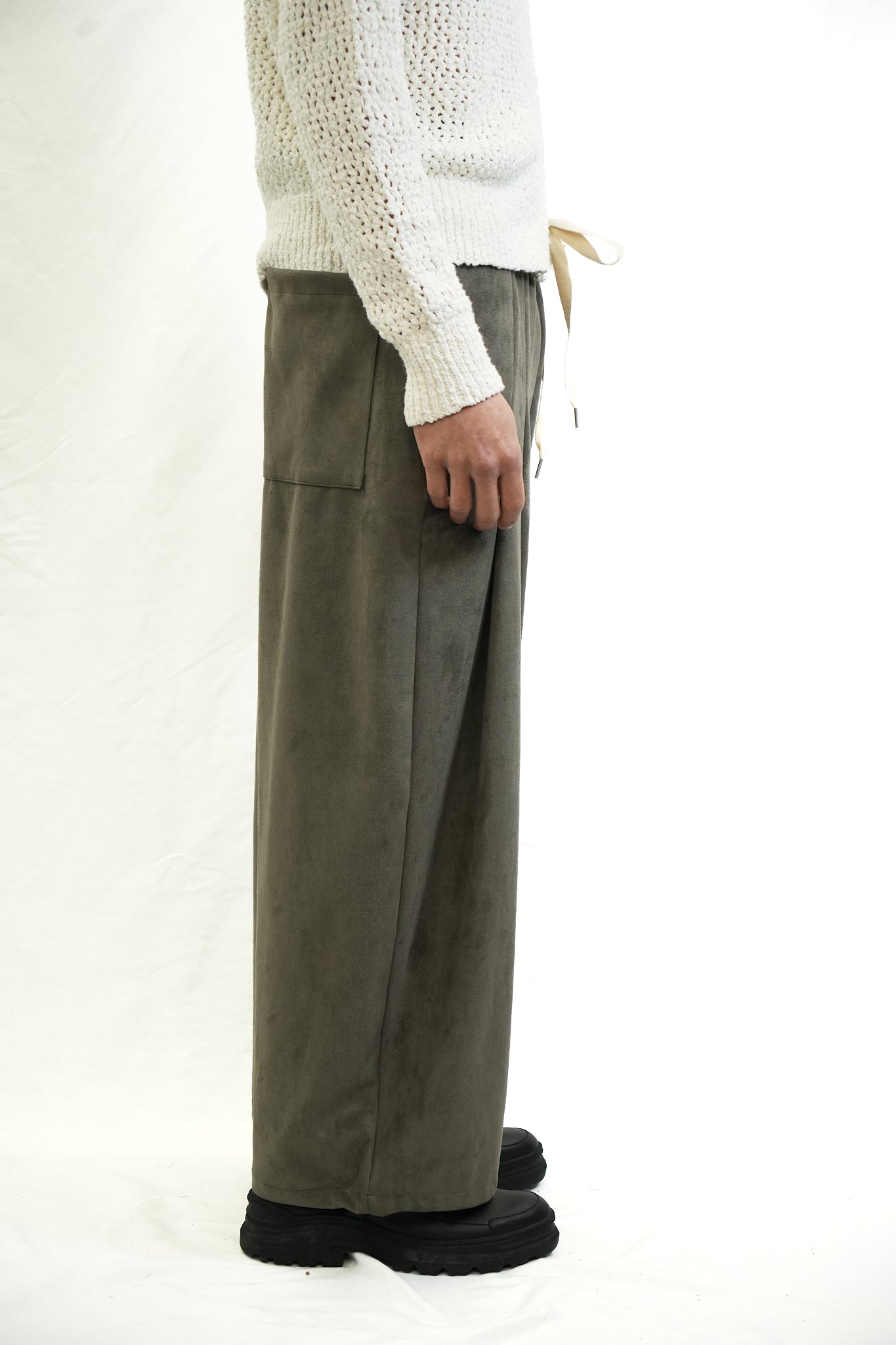 SUEDE OLIVE GREY PLEATED TROUSERS