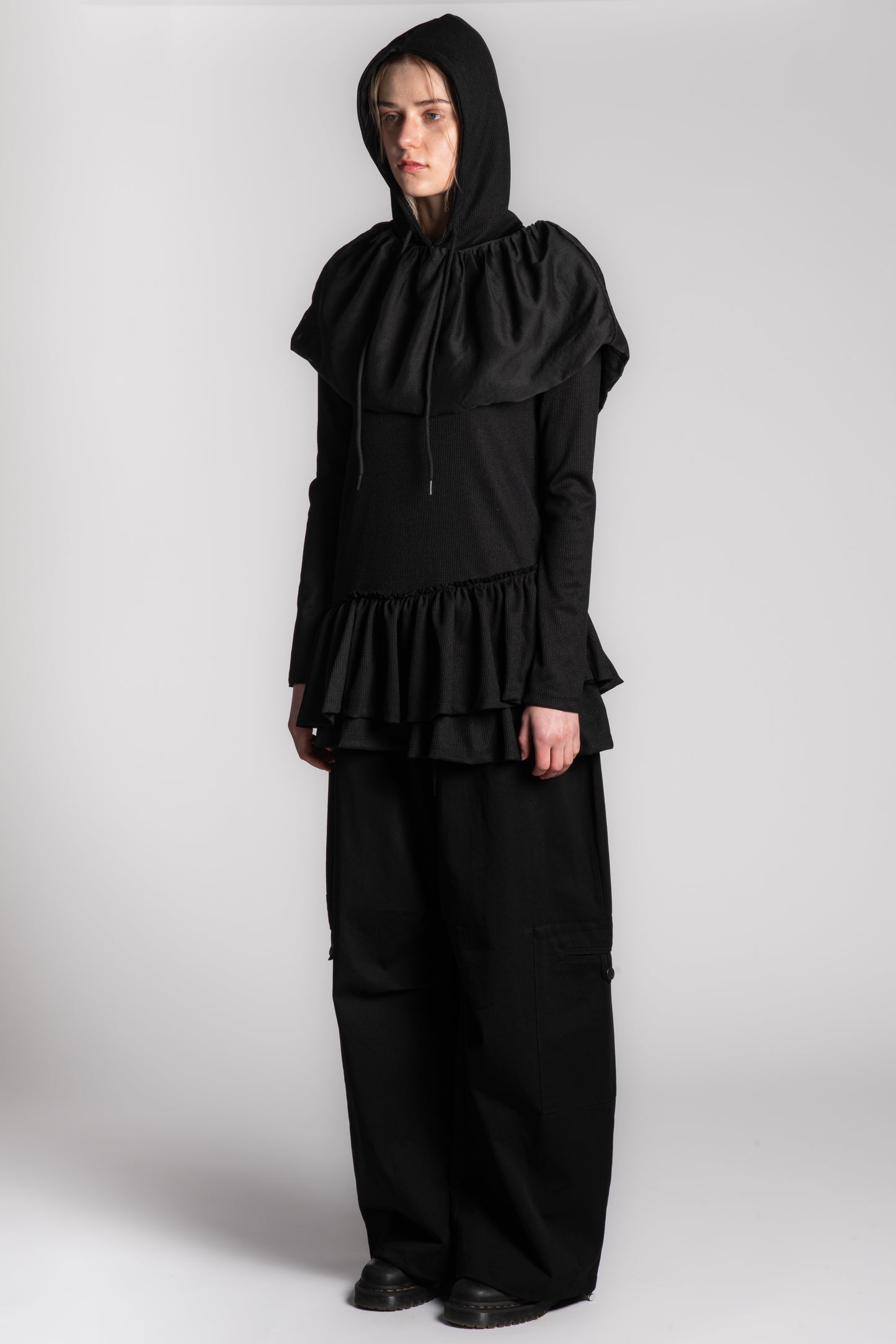 BLACK WAFFLE SKIRT HOODIE