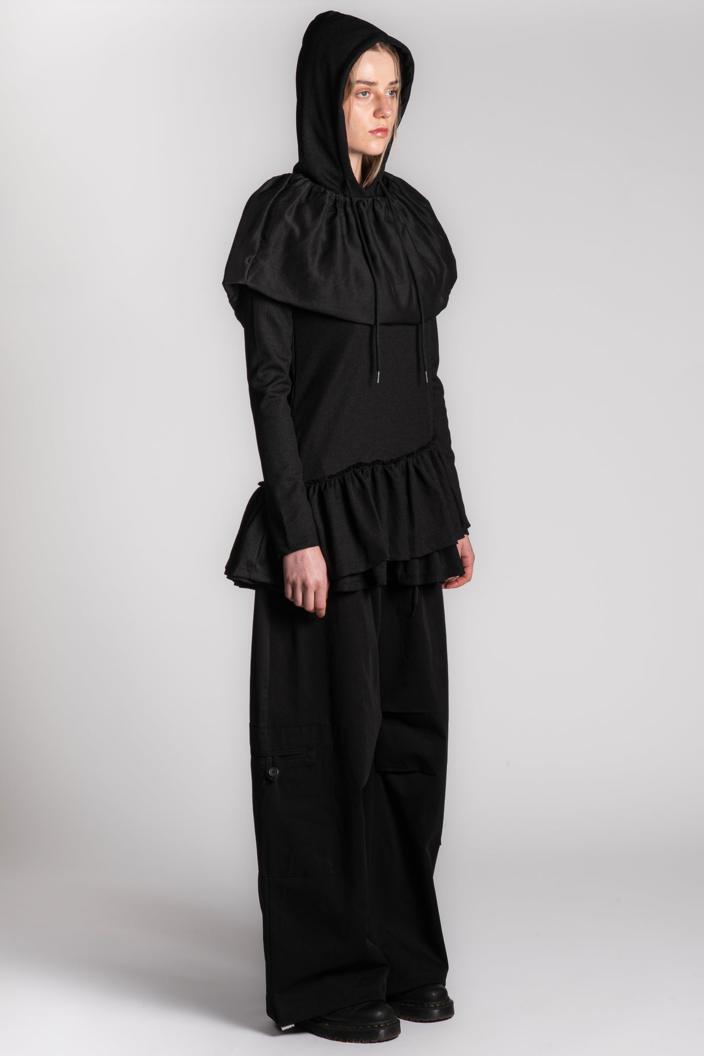 BLACK WAFFLE SKIRT HOODIE