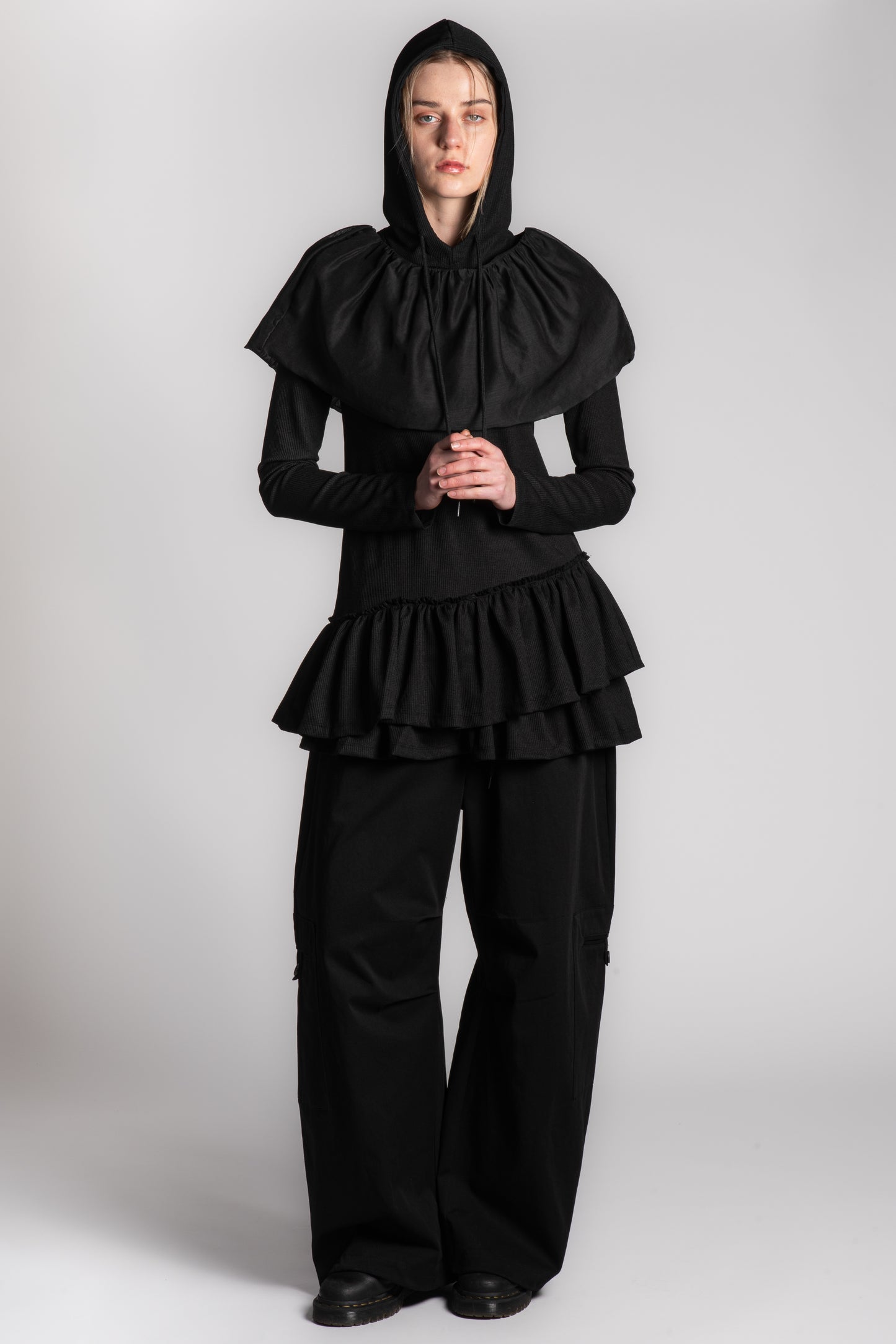 BLACK WAFFLE SKIRT HOODIE