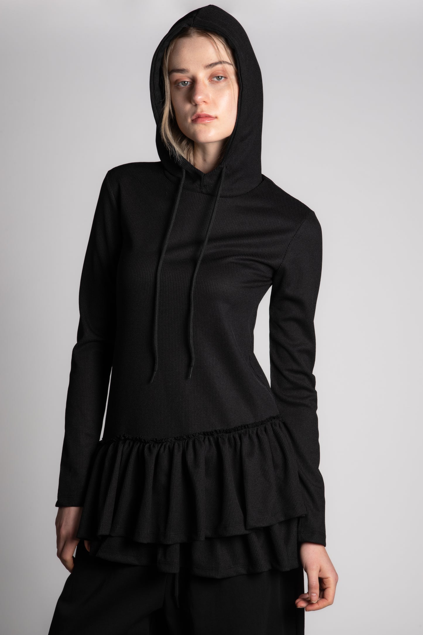 BLACK WAFFLE SKIRT HOODIE