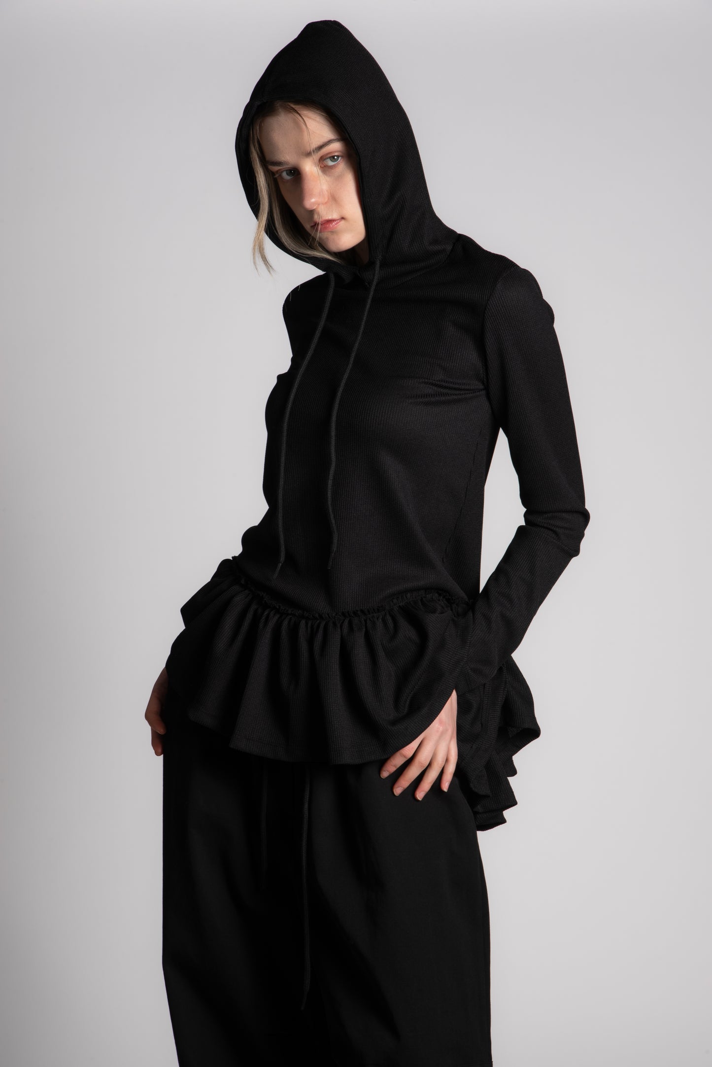 BLACK WAFFLE SKIRT HOODIE